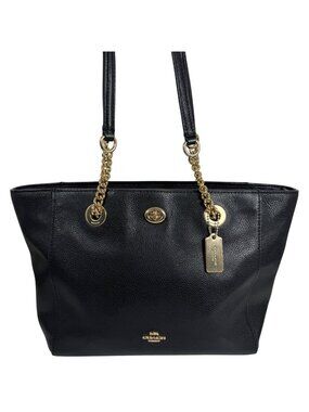 COACH Turn-Lock Chain Tote 27 Polished Black Pebble Leather Gold Hardware EUC